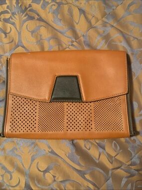 Tan Perforated Leather Clutch with Black Accent